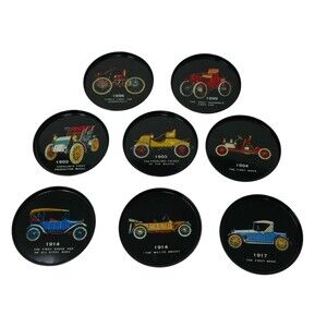 Vintage MCM Metal Tin Coasters of Old Cars Lot